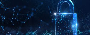 iWorkstation & Hosted Security Operations Center | graphic with blue constellation design and abstract image of a padlock