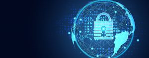 Security Operations Center | graphic of abstract globe with padlock image on a dark blue background