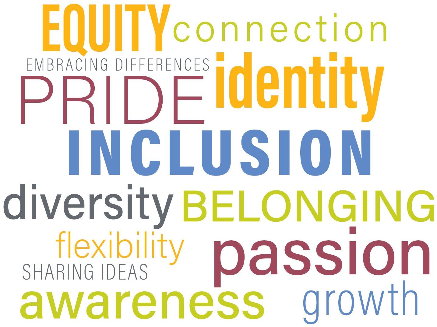 word cloud showing the words: equity, connection, embracing differences, identity, pride, inclusion, diversity, belonging, flexibility, sharing ideas, passion, awareness, and growth