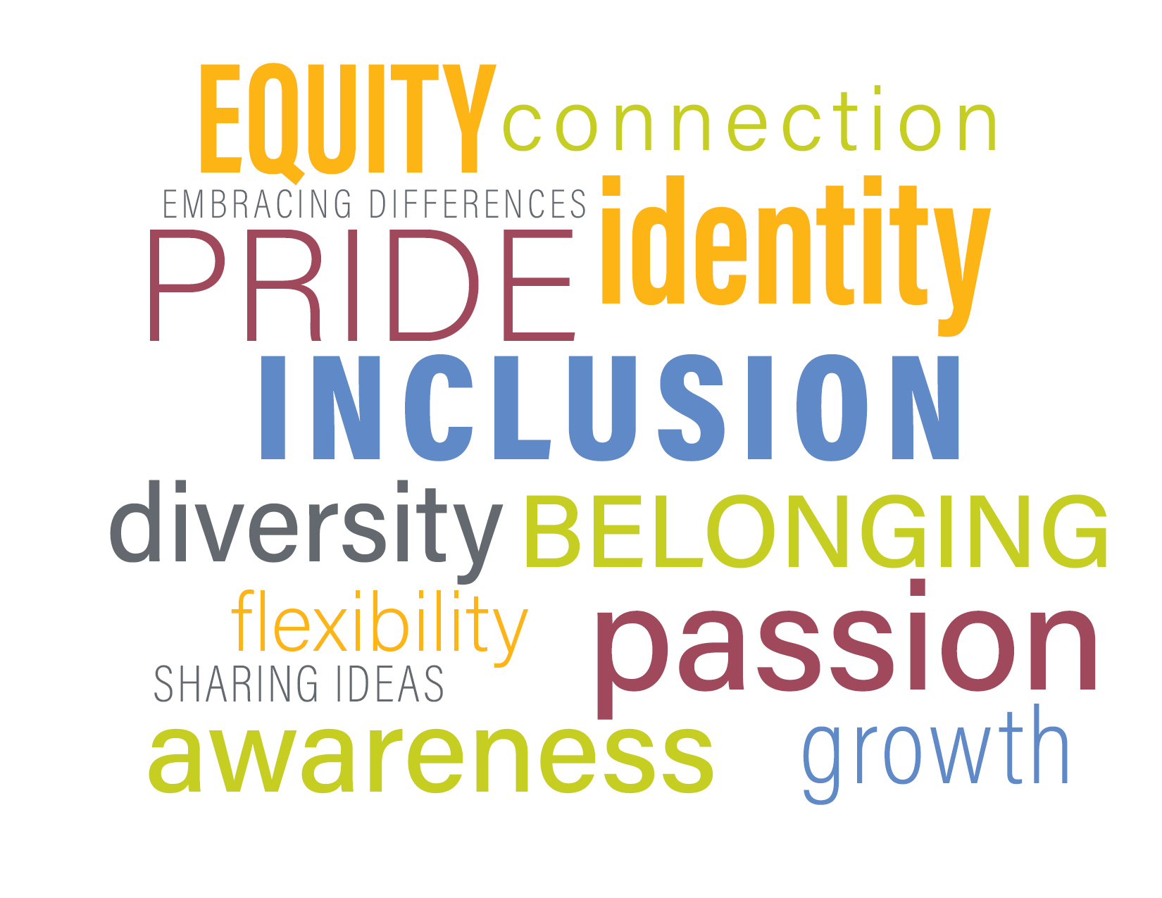 word cloud showing the words: equity, connection, embracing differences, identity, pride, inclusion, diversity, belonging, flexibility, sharing ideas, passion, awareness, and growth